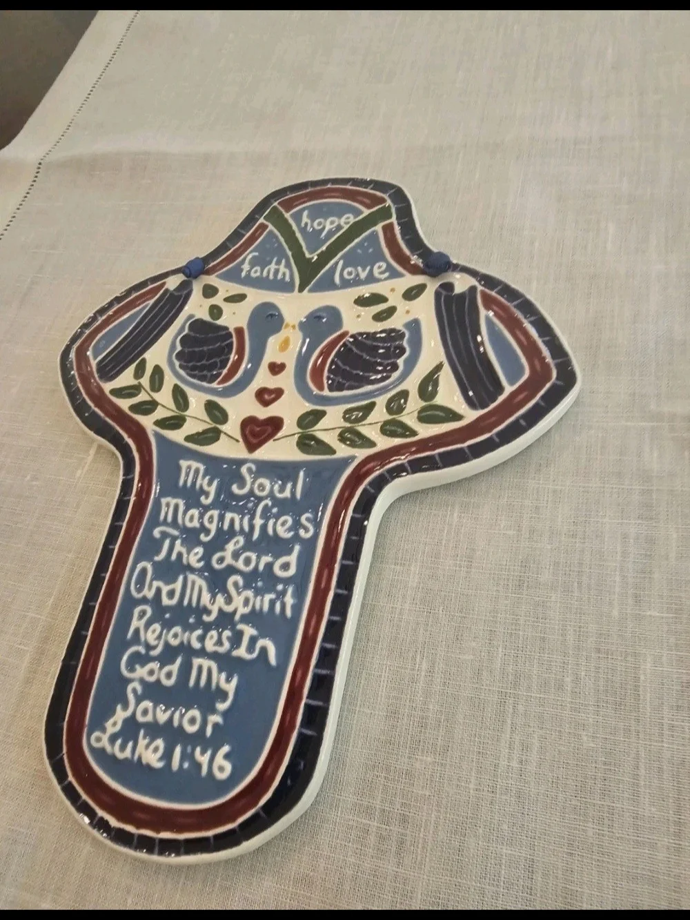 J Duban Designs Ceramic Wall Tile Cross Plaque Luke 1:46 Folk Faith Hope Love